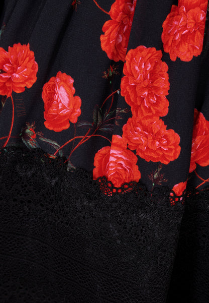 SMEG black mini dress with a botanical pattern and a lace ribbon