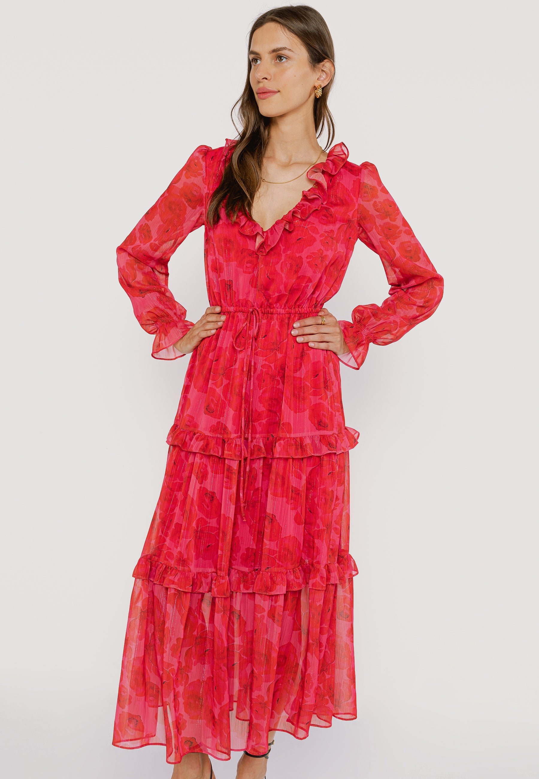KARROLA REDROSES maxi dress with decorative frills, pink