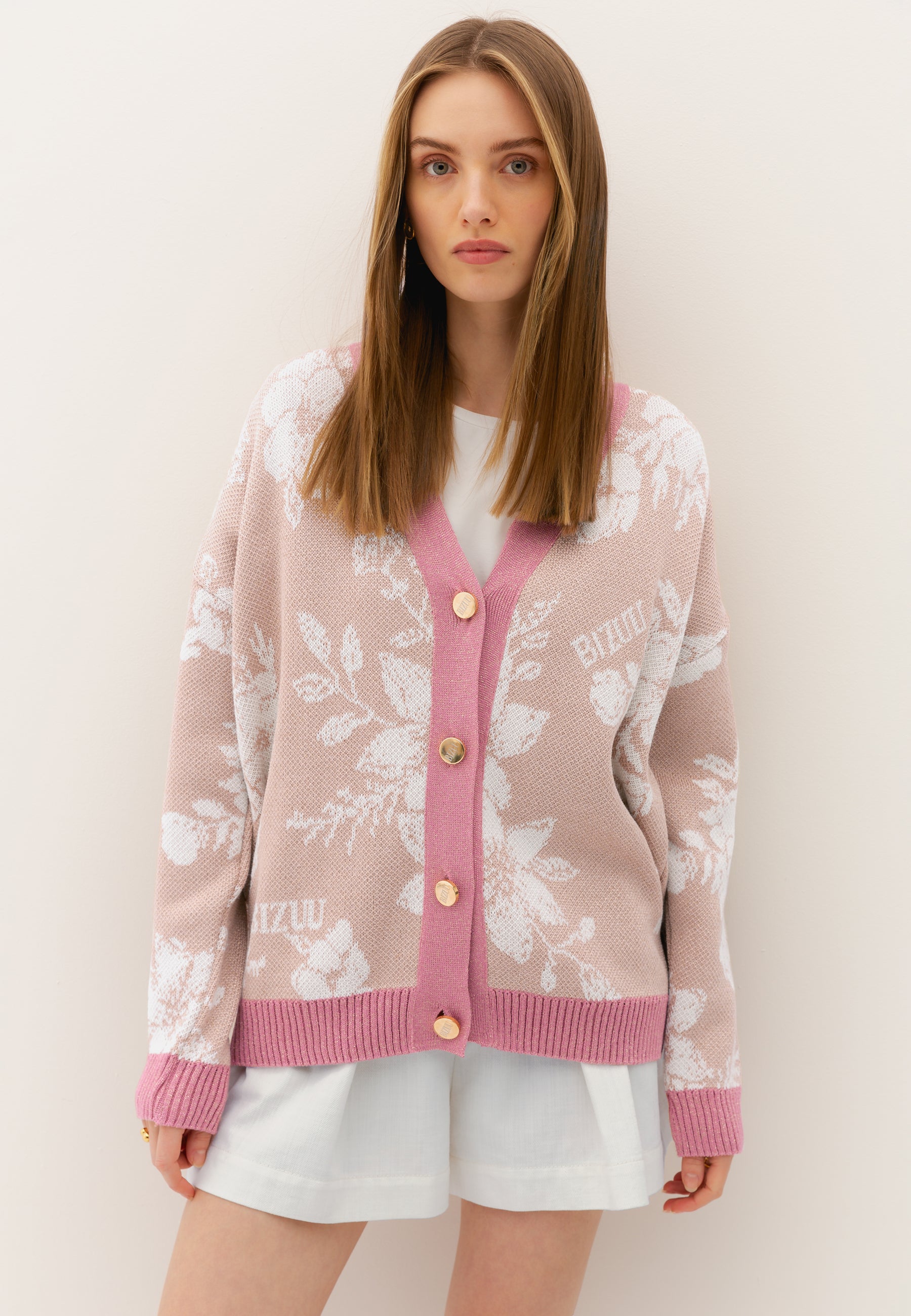 SPICE cardigan with floral print decorative buttons, beige