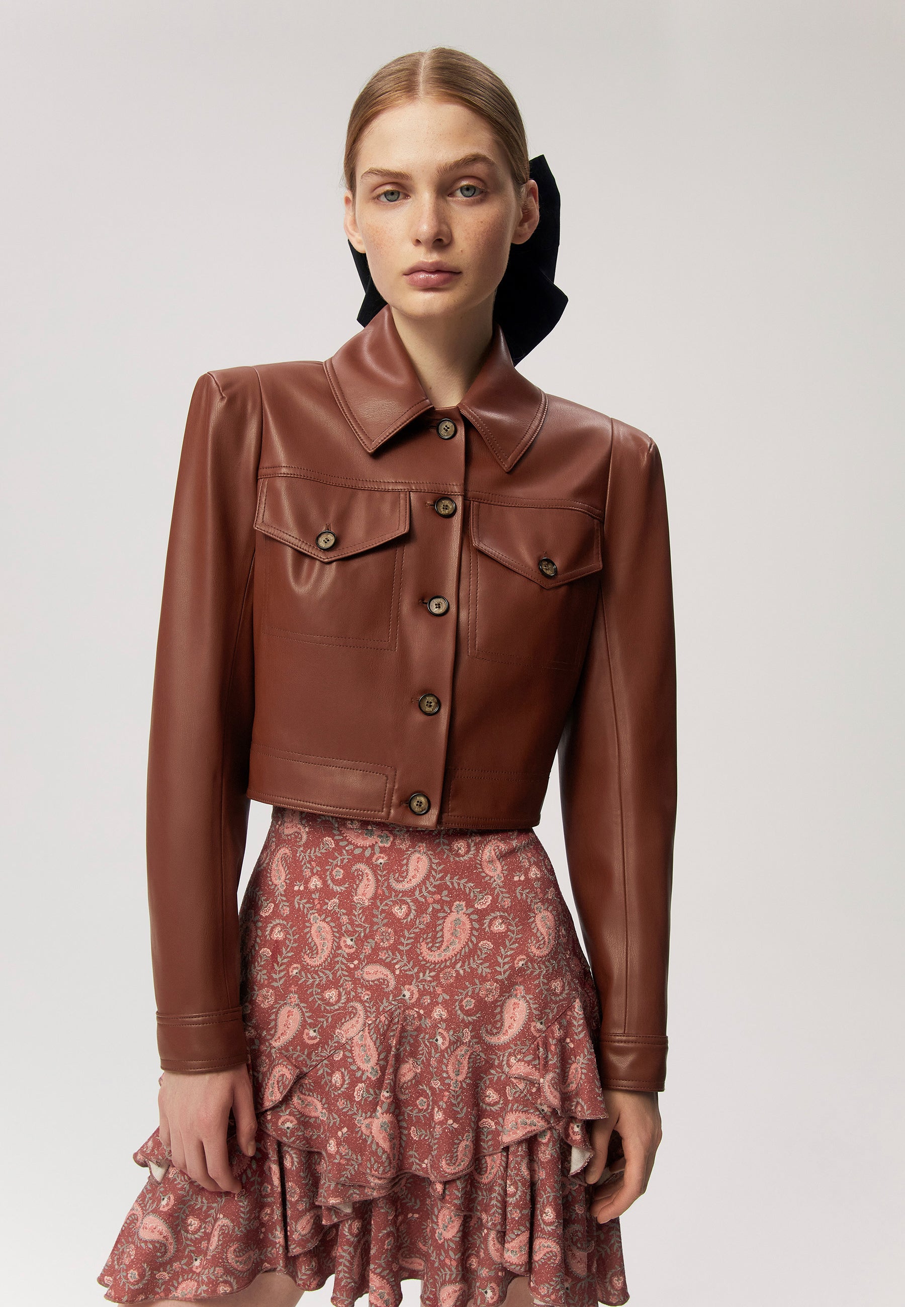 ETELLA short faux leather jacket in brown