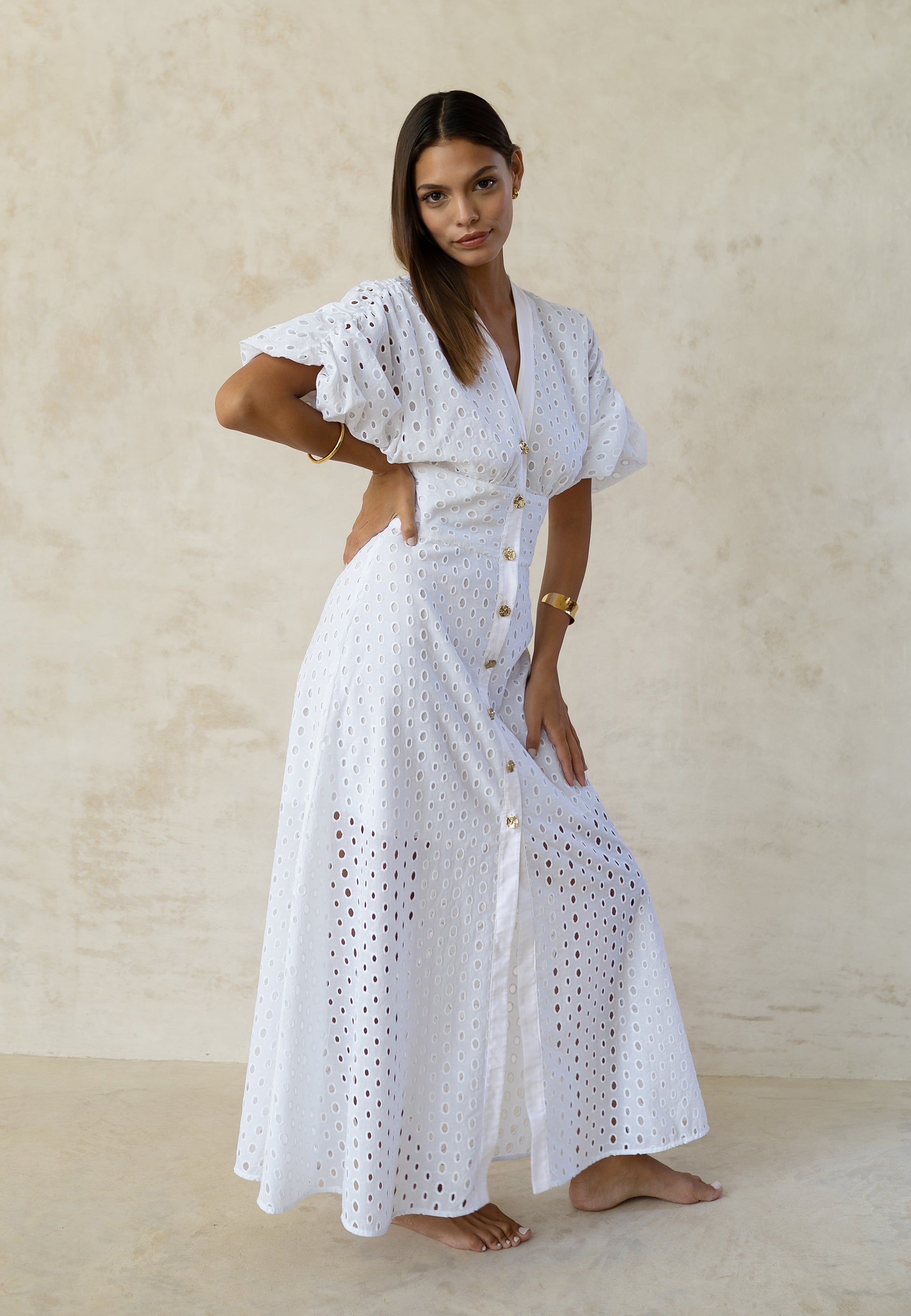REPOSA white dress with golden buttons